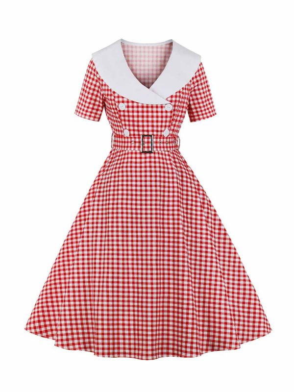 Retro Plaid Stitching Short-sleeved Swing Dress With Belt