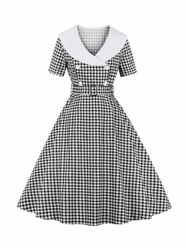 Retro Plaid Stitching Short-sleeved Swing Dress With Belt