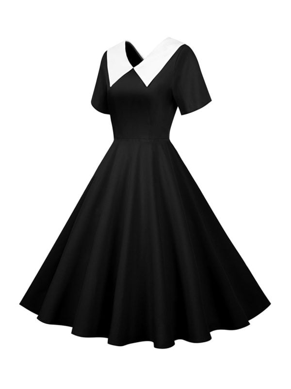 50s-Dresses-Hepburn's-Solid-Color-V-Neck-Short-Sleeve-Large-Swing-Dresses 50s Dresses Hepburn's Solid Color V-Neck Short Sleeve Large Swing Dresses