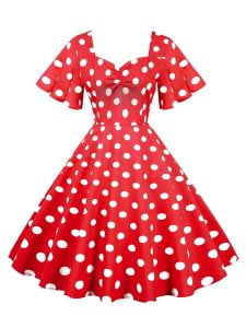 50s Dresses Short Sleeve Polka Knot Large Swing Anual Meeting Midi Dresses