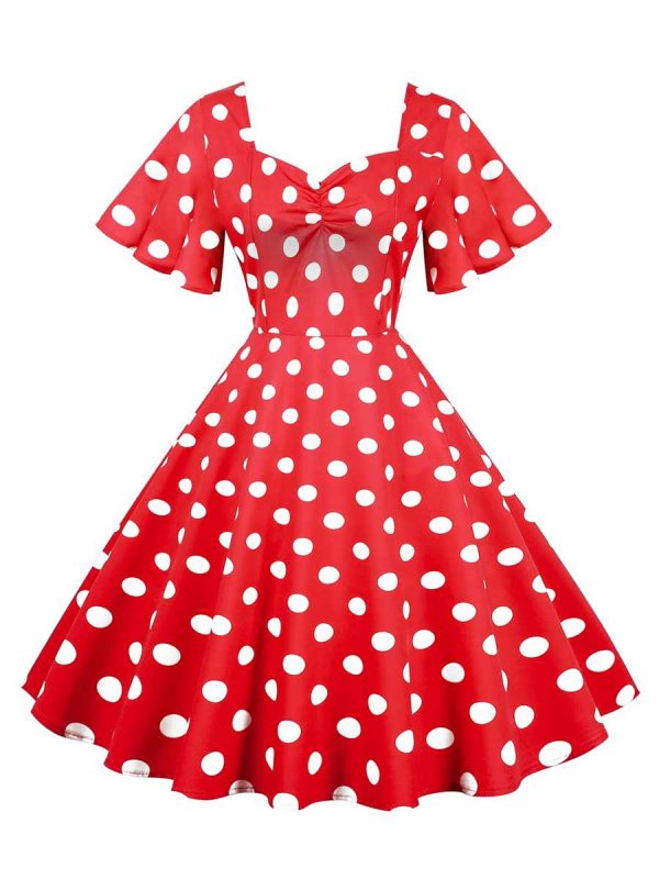 50s Dresses Short Sleeve Polka Knot Large Swing Anual Meeting Midi Dresses