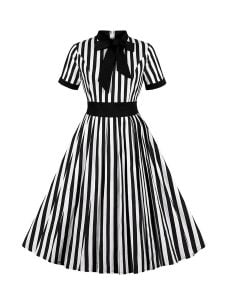 1950S Striped Dresses Waistline Stitching Short-sleeved Dress