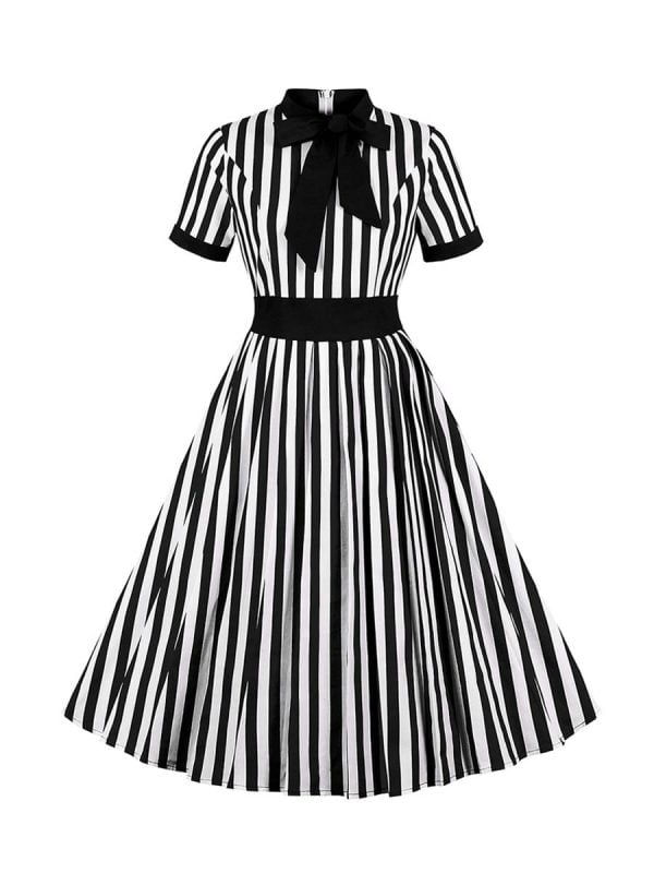 1950S-Striped-Dresses-Waistline-Stitching-Short-sleeved-Dress 1950S Striped Dresses Waistline Stitching Short-sleeved Dress