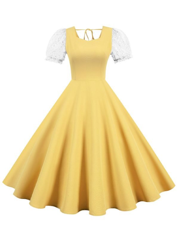 Women's Dress Audrey Hepburn O-Neck Mesh Short Sleeve Solid Color Dress