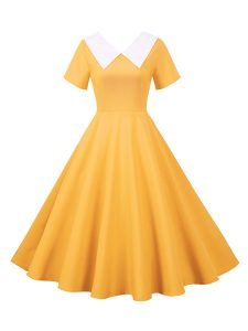 50s Dresses Hepburn's Solid Color V-Neck Short Sleeve Large Swing Dresses