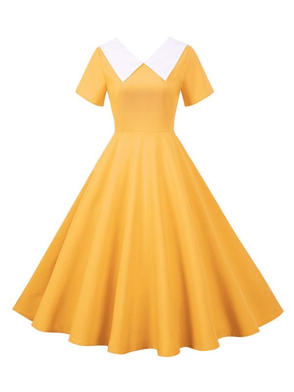 50s-Dresses-Hepburn's-Solid-Color-V-Neck-Short-Sleeve-Large-Swing-Dresses 50s Dresses Hepburn's Solid Color V-Neck Short Sleeve Large Swing Dresses