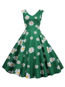 1950s Style Dresses Flowered Peter Pan Collar Large Swing Dancing Midi Dresses