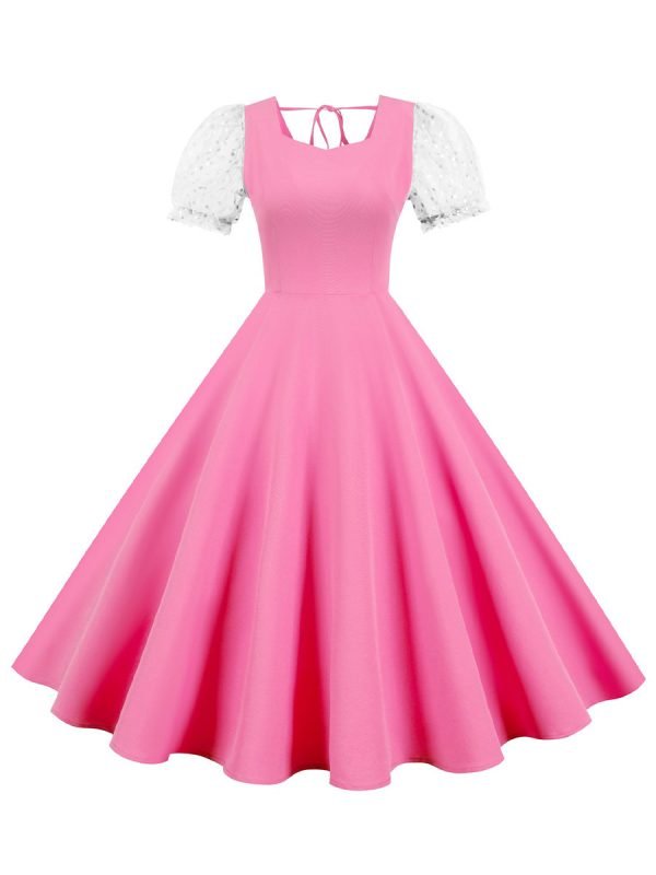 Women's Dress Audrey Hepburn O-Neck Mesh Short Sleeve Solid Color Dress