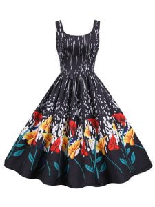 Women's Dress Hepburn's Sleeveless Floral Large Swing Party Midi Dresses