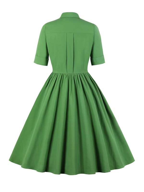 1950S Solid Front Buttons Swing Dress