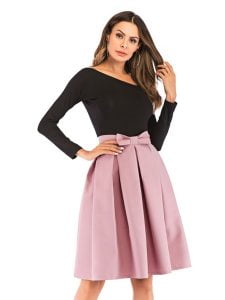 A-Line Pleated Vintage Skirts for Women Solid Color Bowknot Swing Skirt