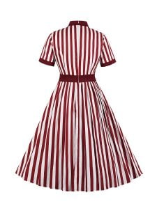 1950S Striped Dresses Waistline Stitching Short-sleeved Dress