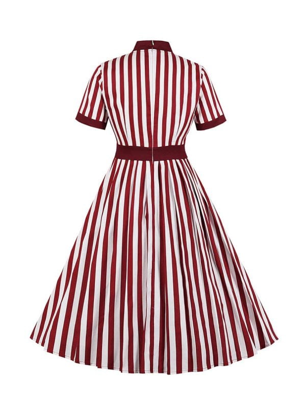 1950S-Striped-Dresses-Waistline-Stitching-Short-sleeved-Dress 1950S Striped Dresses Waistline Stitching Short-sleeved Dress