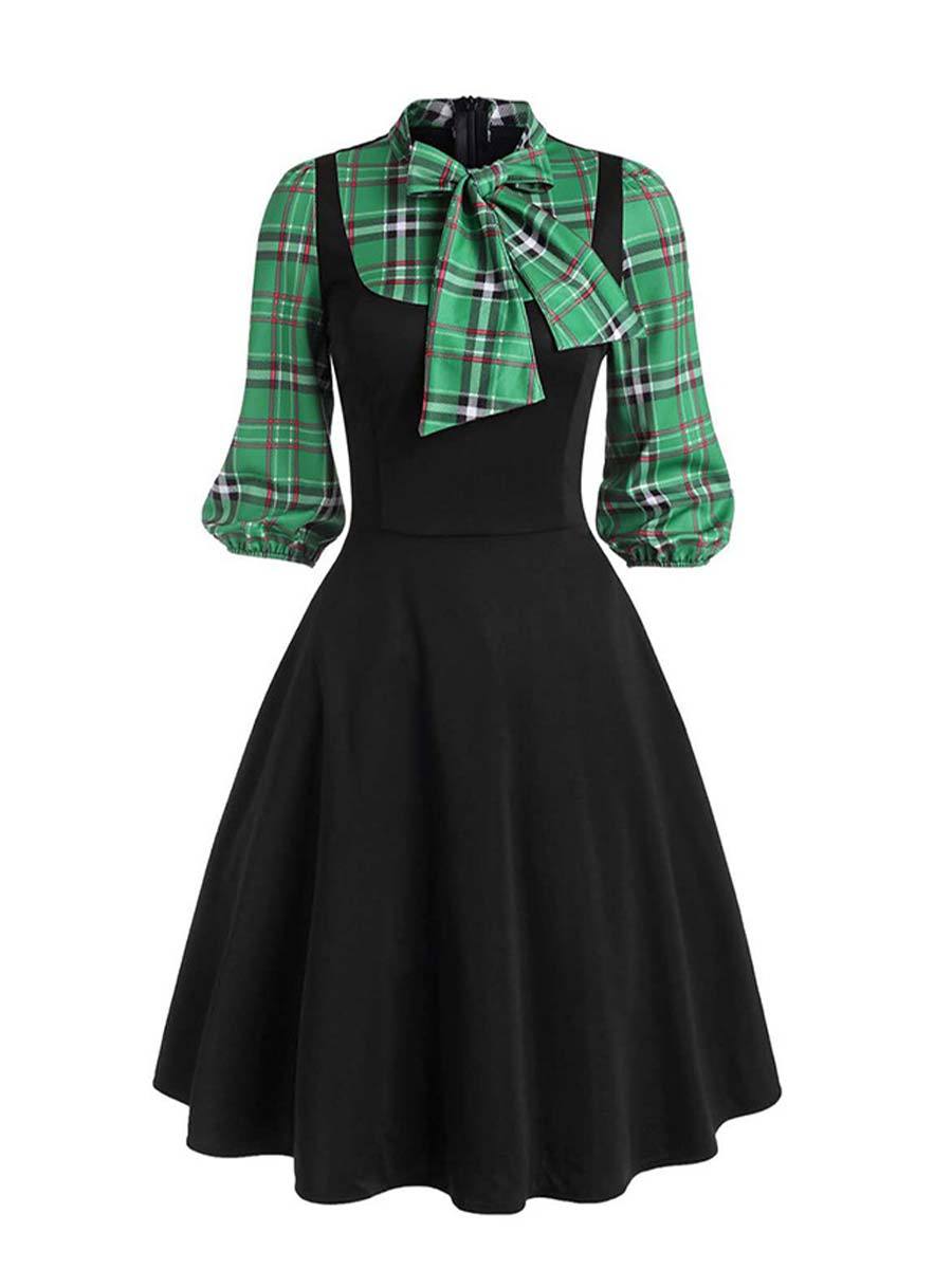 Retro House Dresses Bowknot Plaid Midi Swing Dresses - Vintage-Retro