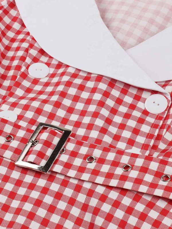Retro Plaid Stitching Short-sleeved Swing Dress With Belt