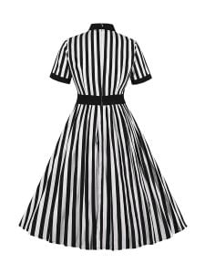 1950S Striped Dresses Waistline Stitching Short-sleeved Dress
