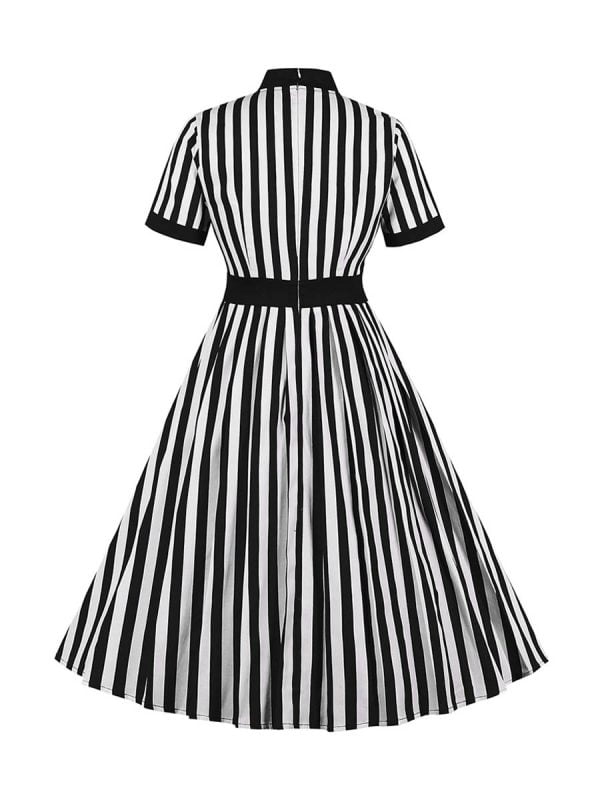 1950S-Striped-Dresses-Waistline-Stitching-Short-sleeved-Dress 1950S Striped Dresses Waistline Stitching Short-sleeved Dress