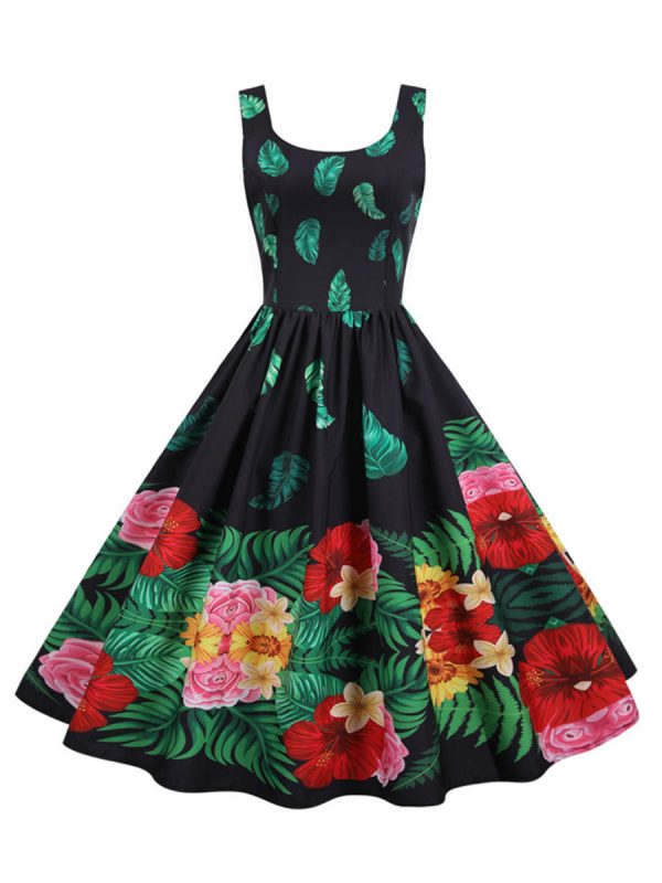 Women's-Dress-Hepburn's-Sleeveless-Floral-Large-Swing-Party-Midi-Dresses Women's Dress Hepburn's Sleeveless Floral Large Swing Party Midi Dresses
