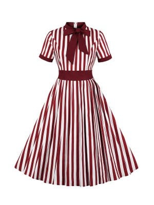 1950S Striped Dresses Waistline Stitching Short-sleeved Dress