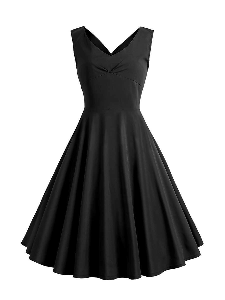 1950s Dress Solid Color Sexy V Neck Backless Swing Dress - Vintage-Retro