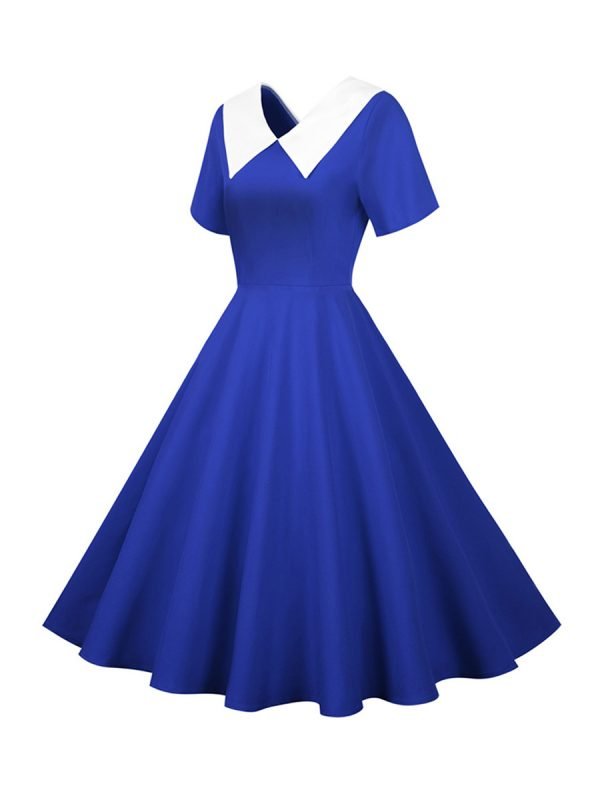 50s-Dresses-Hepburn's-Solid-Color-V-Neck-Short-Sleeve-Large-Swing-Dresses 50s Dresses Hepburn's Solid Color V-Neck Short Sleeve Large Swing Dresses