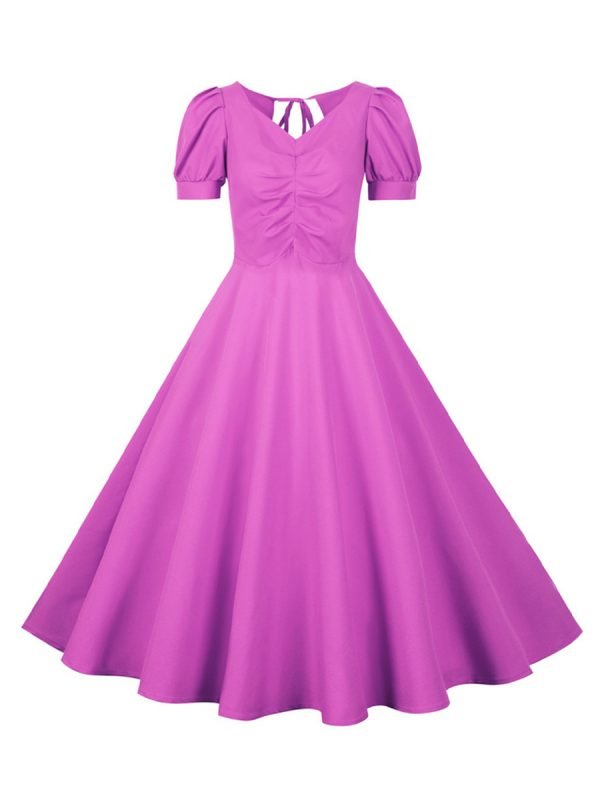 Women's-Dress-Audrey-Hepburn-Solid-Color-V-Neck-Short-Sleeve-Large-Swing-Dress Women's Dress Audrey Hepburn Solid Color V-Neck Short Sleeve Large Swing Dress