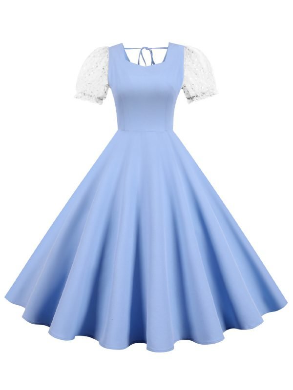 Women's Dress Audrey Hepburn O-Neck Mesh Short Sleeve Solid Color Dress