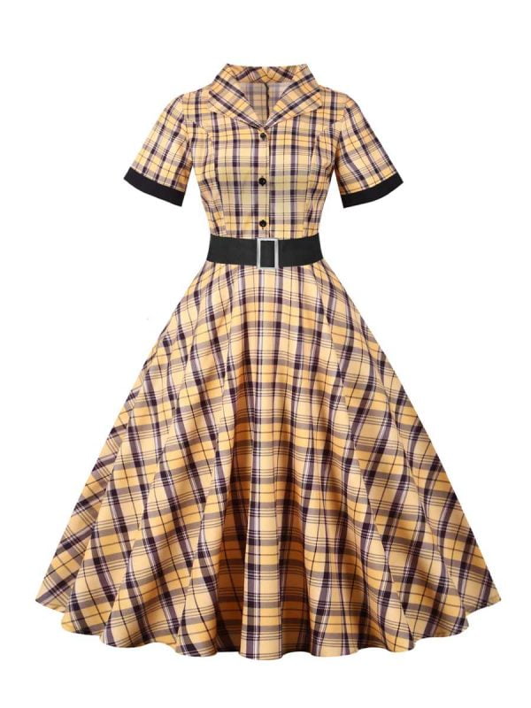50s Dresses Hepburn's Stand Collar Single Breasted Short Sleeve Plaid Sash Dresses