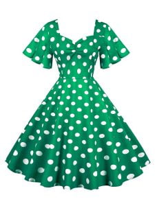 50s Dresses Short Sleeve Polka Knot Large Swing Anual Meeting Midi Dresses
