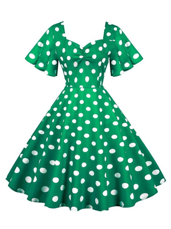 50s Dresses Short Sleeve Polka Knot Large Swing Anual Meeting Midi Dresses