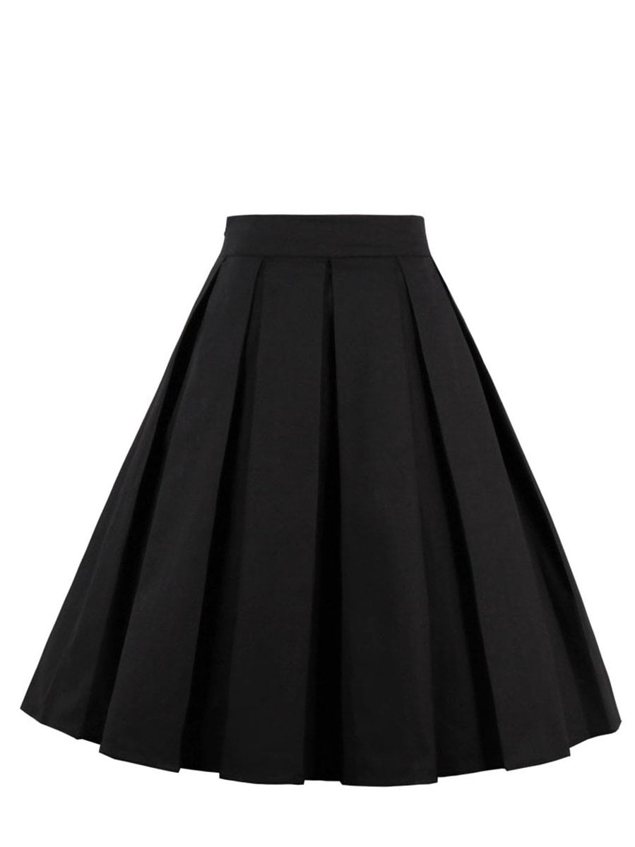 Black Skirt Flamingo Print Pleated Skirt for Women - Vintage-Retro