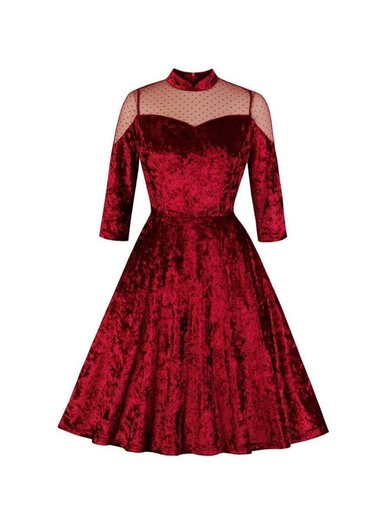 GownTown Women's 1950s Vintage Velvet Swing Dress - V-Neck, Short Sleeves, With Pockets - View #4