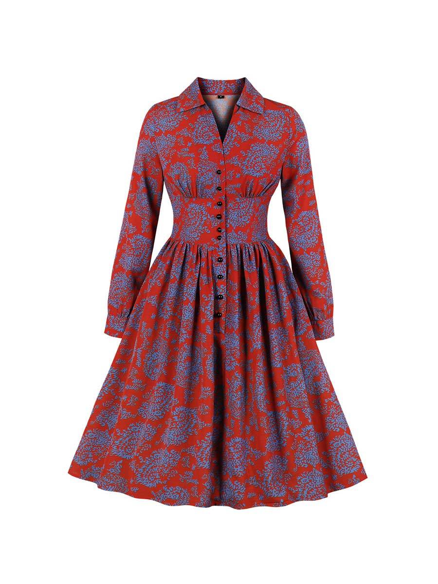 1950s Red Dress Floral Breasted Long Sleeve Knee-length Dress - Vintage ...