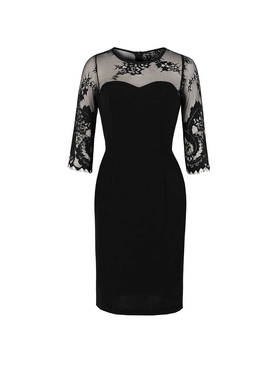 Pencil Dress Elegant Black Lace Patchwork Midi Dress - Vintage-Retro