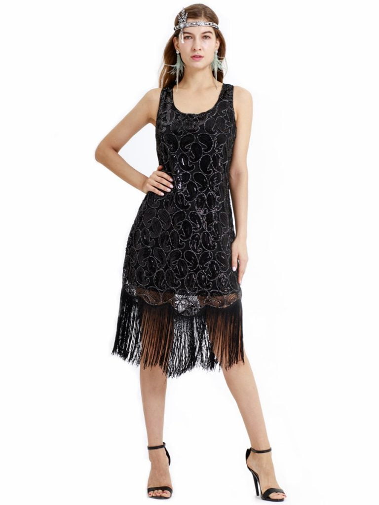 1920s Flapper Dress Sequins Tassel Hem Sleeveless Midi Dress - Vintage ...