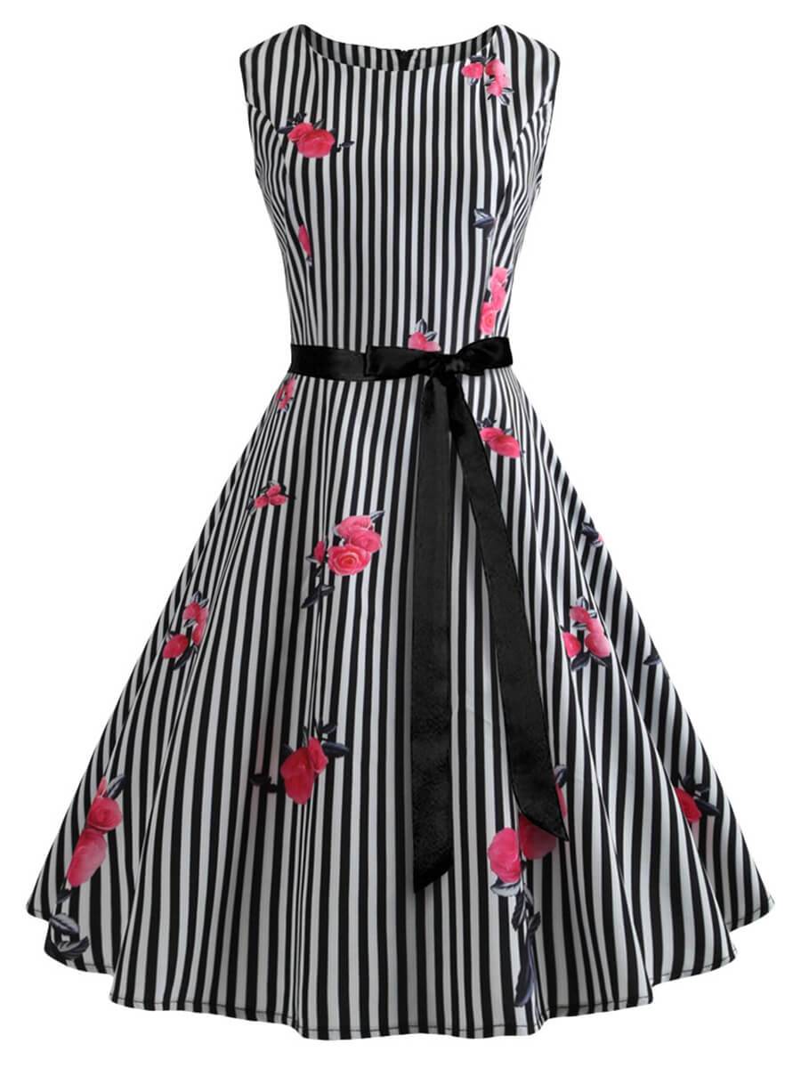 Retro Dress Striped Classic Audrey Hepburn Dress - Vintage-Retro