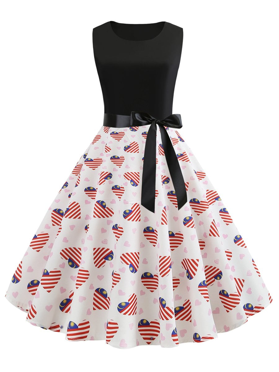 1950s Dress American Flag Heart Print Sash Design Swing Dress - Vintage ...