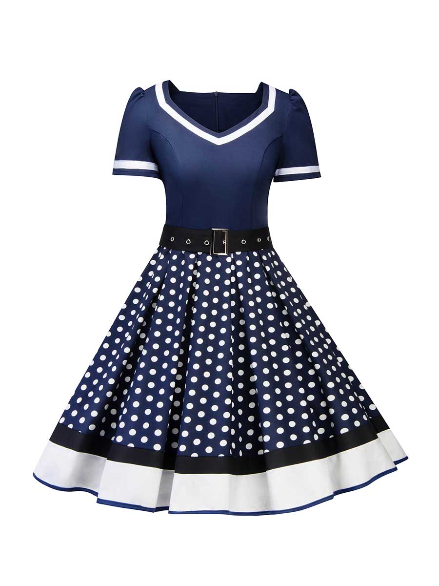 Polka Dot Dress 1950s Pin Up Swing Dress With Belt - Vintage-Retro