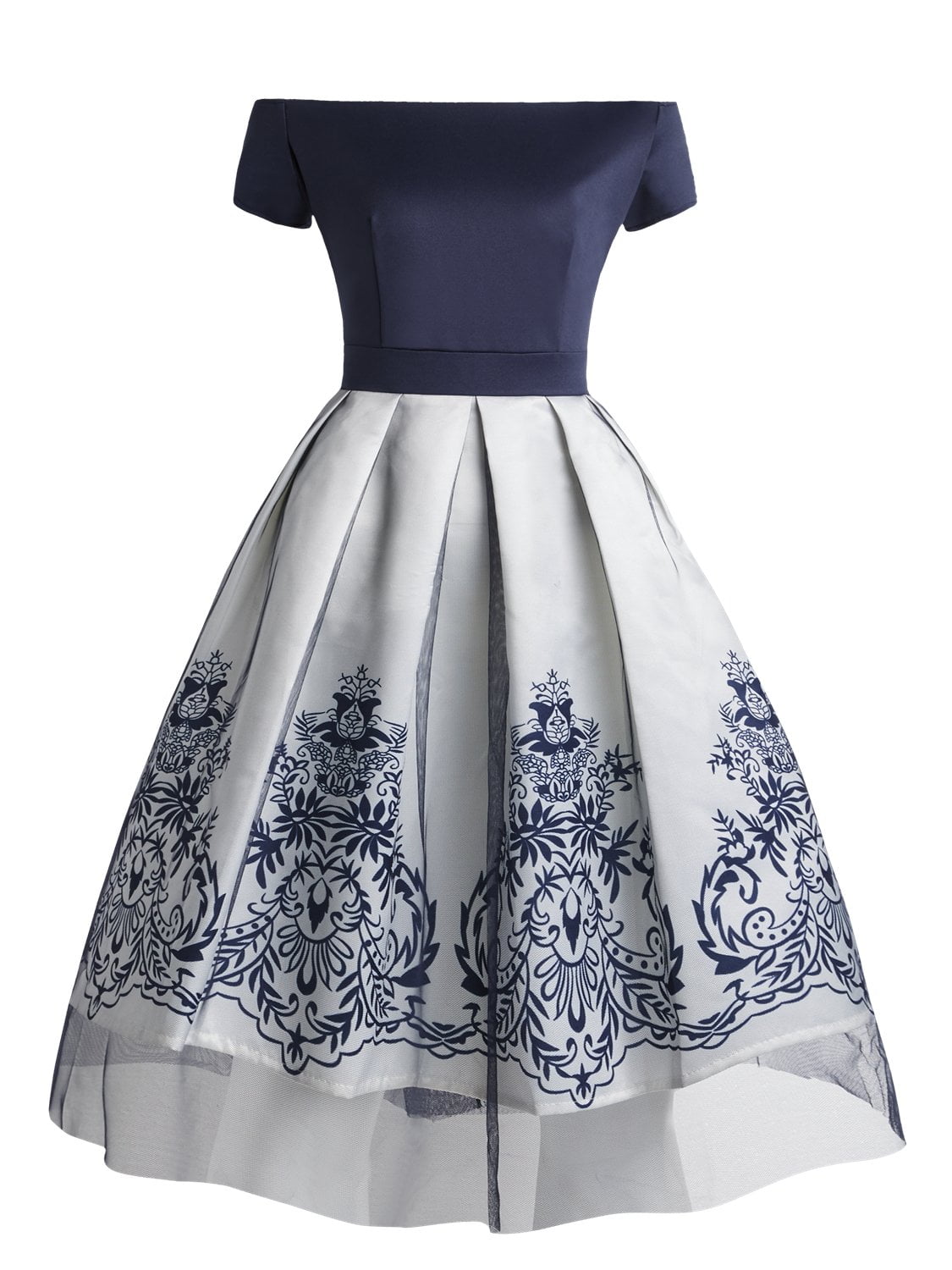 Off the Shoulder Dress Mesh 1950s Elegant Floral Dress - Vintage-Retro