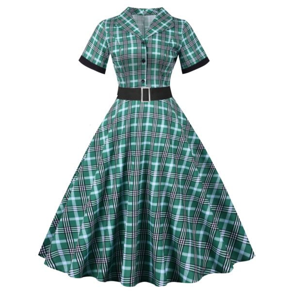 50s Dresses Hepburn's Stand Collar Single Breasted Short Sleeve Plaid Sash Dresses