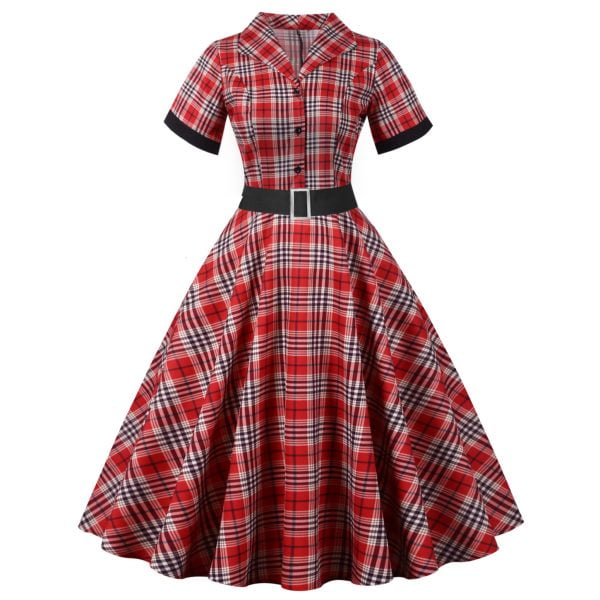 50s Dresses Hepburn's Stand Collar Single Breasted Short Sleeve Plaid Sash Dresses