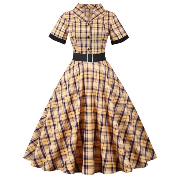 50s Dresses Hepburn's Stand Collar Single Breasted Short Sleeve Plaid Sash Dresses