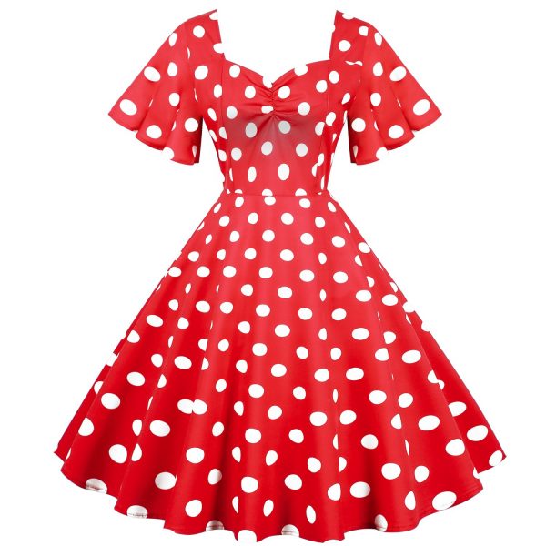 50s Dresses Short Sleeve Polka Knot Large Swing Anual Meeting Midi Dresses