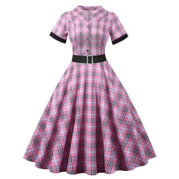 50s Dresses Hepburn's Stand Collar Single Breasted Short Sleeve Plaid Sash Dresses
