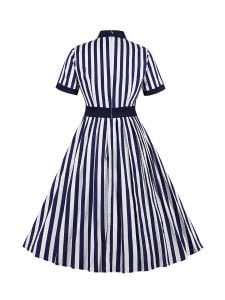 1950S Striped Dresses Waistline Stitching Short-sleeved Dress
