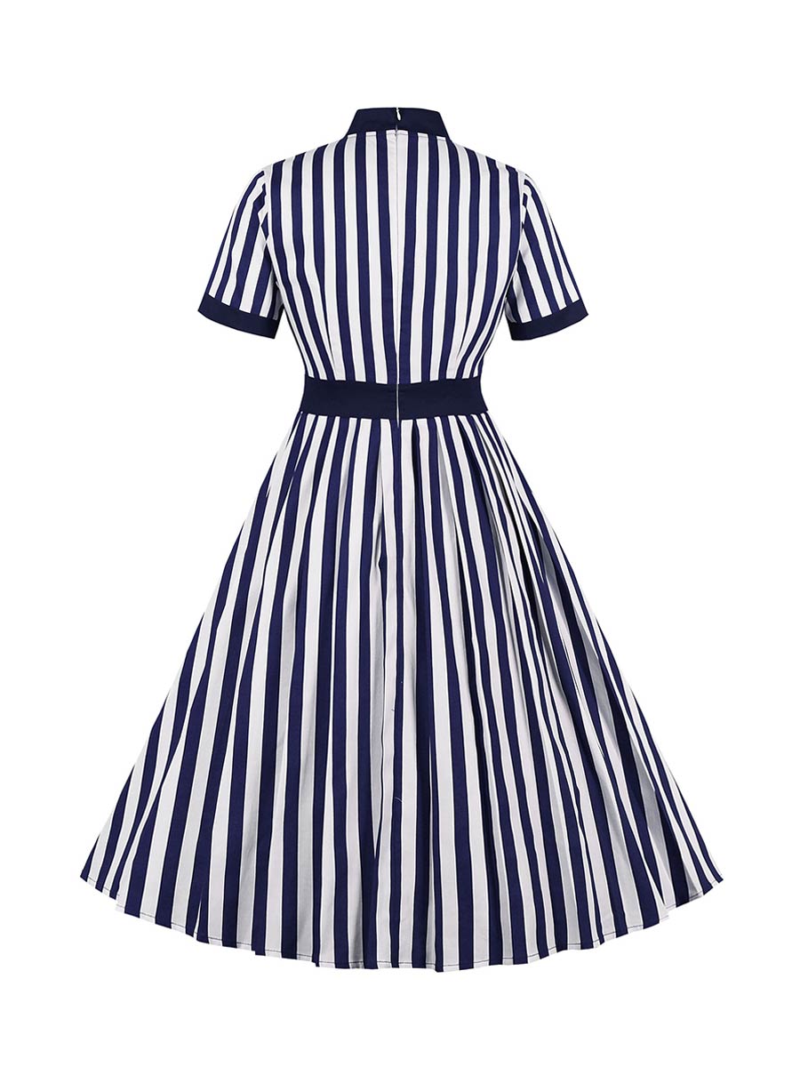 1950s Striped Dresses Short-sleeved Knee Length Swing Dress - Vintage-Retro