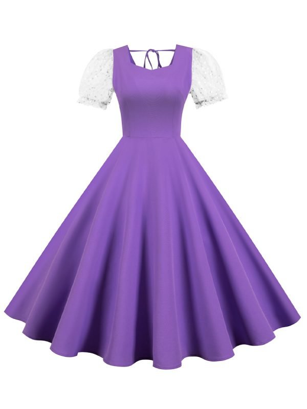 Women's Dress Audrey Hepburn O-Neck Mesh Short Sleeve Solid Color Dress