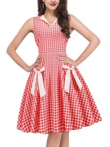 1950s Style Dresses V-Neck Sleeveless Colorblock Patchwork Floral Large Swing Dresses