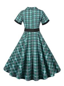50s Dresses Hepburn's Stand Collar Single Breasted Short Sleeve Plaid Sash Dresses
