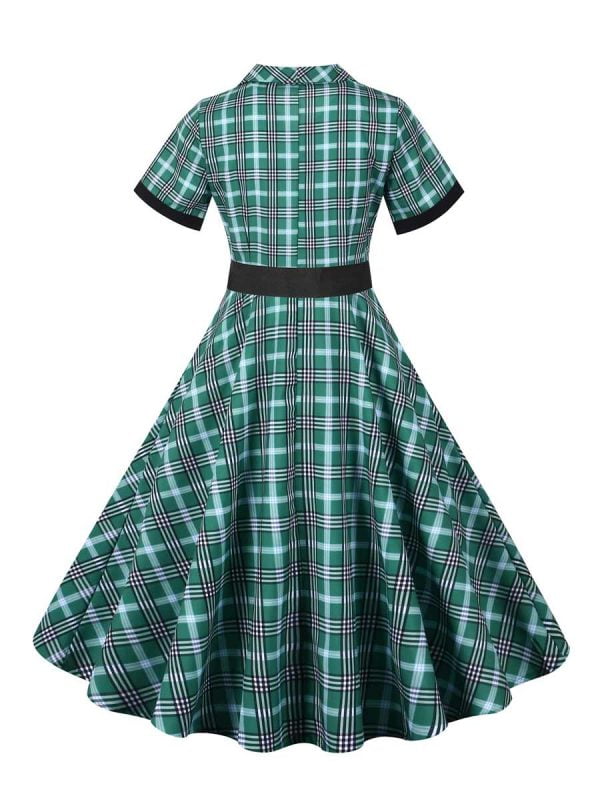 50s Dresses Hepburn's Stand Collar Single Breasted Short Sleeve Plaid Sash Dresses